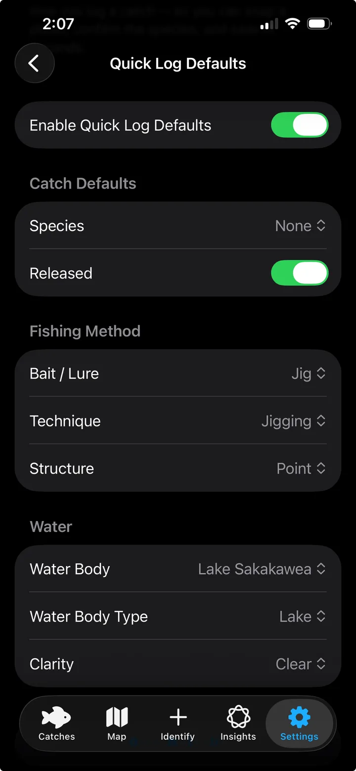 ReelIQ Quick Log screen with pre-set defaults for one-tap catch logging