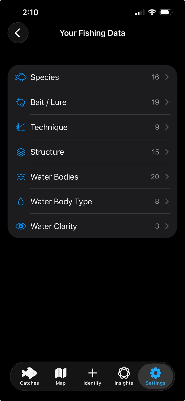 ReelIQ Your Fishing Data settings screen with Species, Bait/Lure, Technique, Structure, Water Bodies, Water Body Type and Water Clarity lists