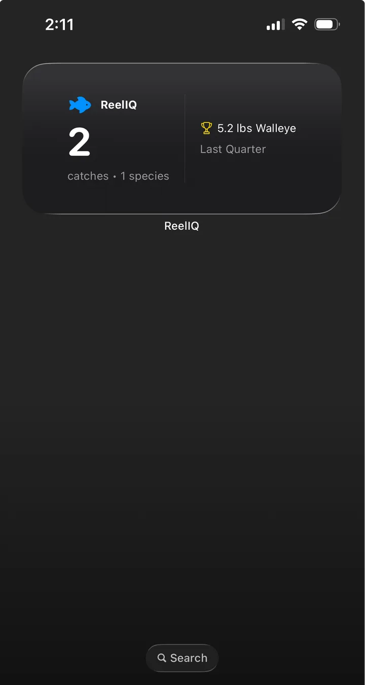 ReelIQ Home Screen widget showing 2 catches, 1 species, 5.2 lbs Walleye, Last Quarter moon