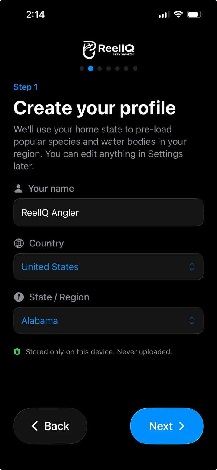 ReelIQ onboarding wizard Step 1 — Create your profile with name, country, and state fields, with a privacy note that data is stored only on the device
