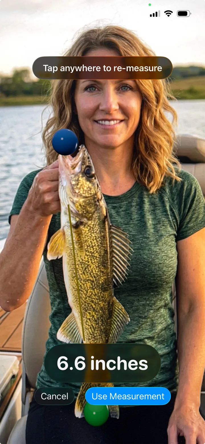 ReelIQ AR fish measurement screen showing a walleye being measured at 6.6 inches with Use Measurement button