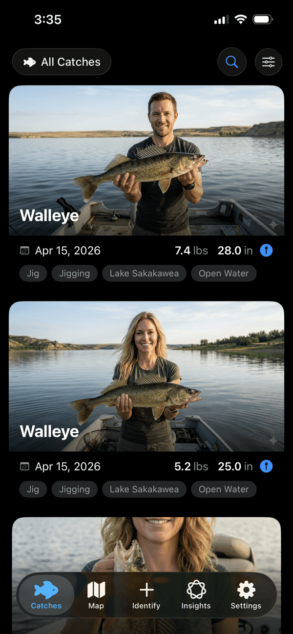 ReelIQ all catches screen showing hero-photo cards for Walleye catches on Lake Sakakawea with weight, length, bait, and conditions